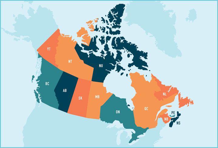 Map of Canada showing provinces and territories in different colors with abbreviations for names.