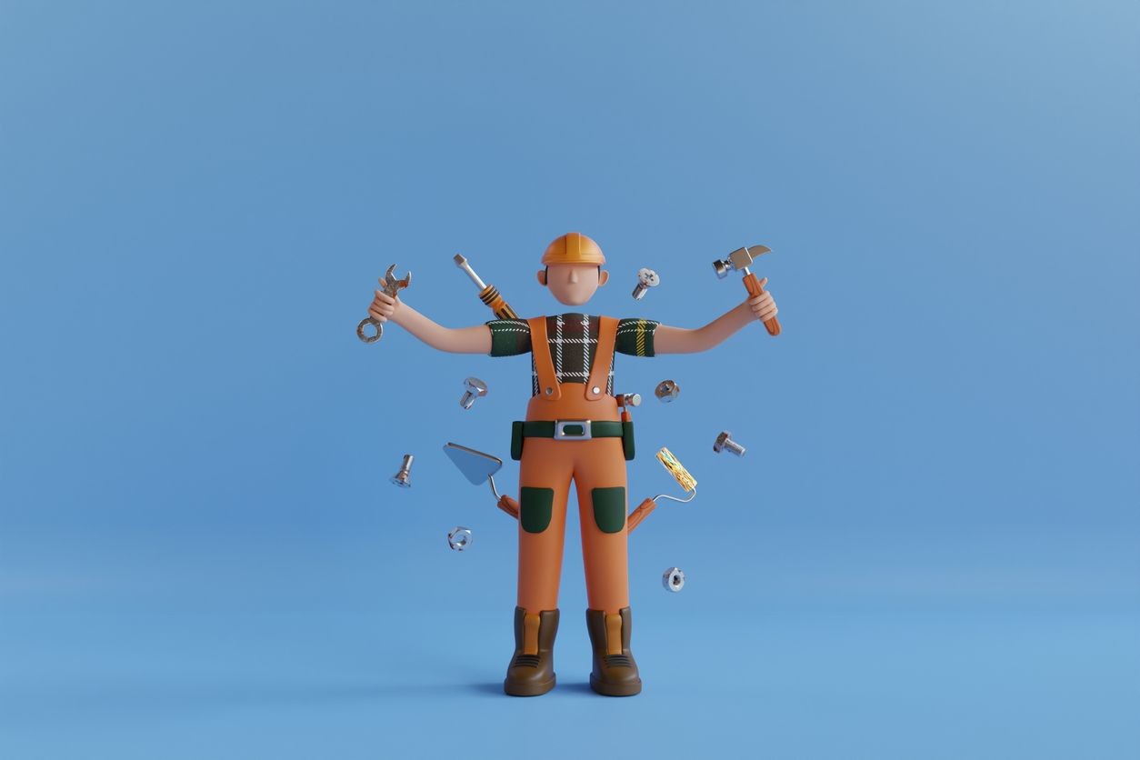 3D illustration of a construction worker with multiple arms holding various tools on a blue background.