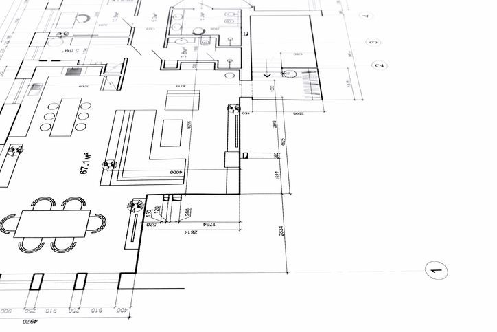 Architectural floor plan drawing of a modern residential layout with labeled dimensions and furniture arrangement.