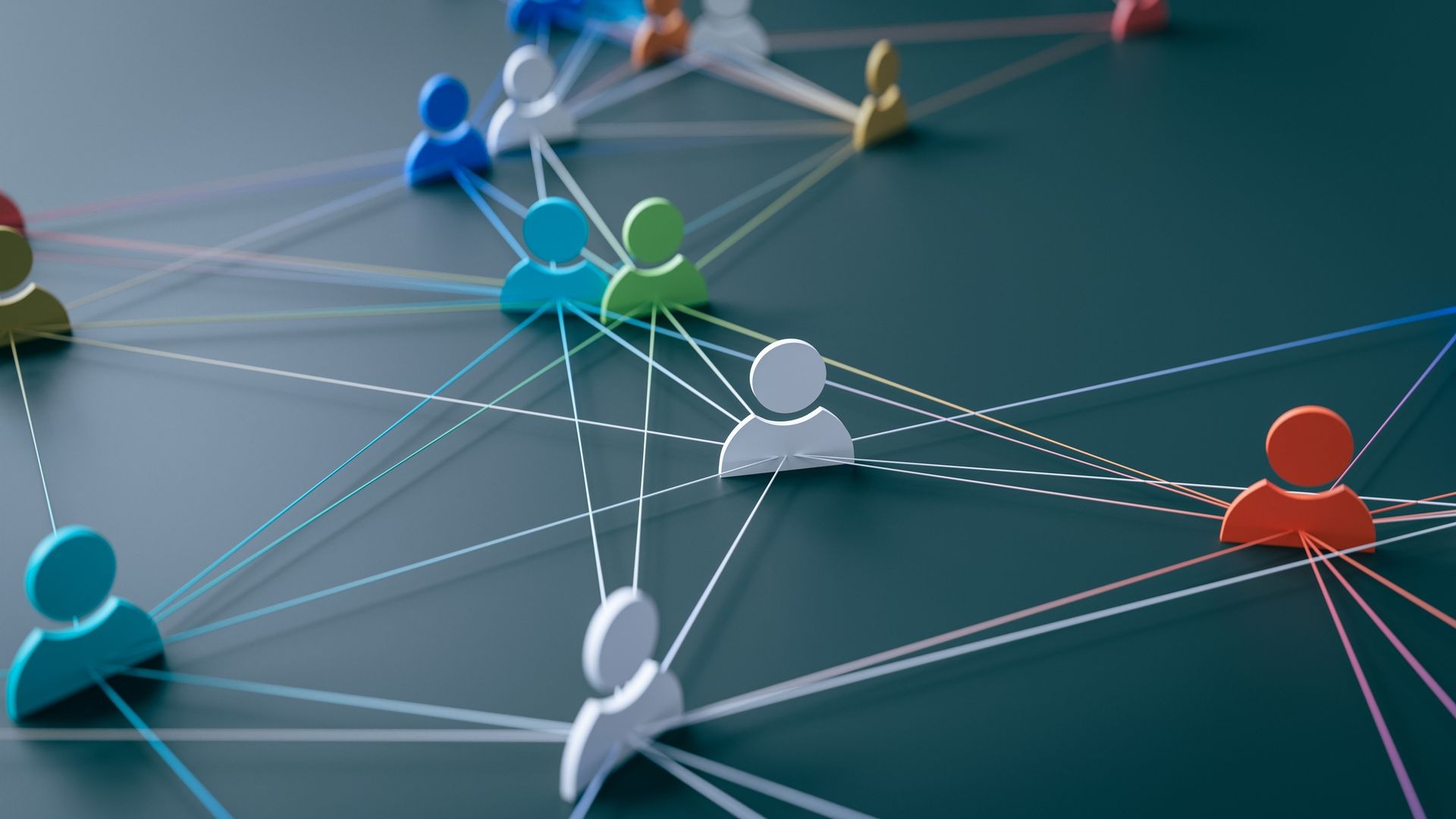 Connected colored icons of people on a blue background, representing a social network or communication system.